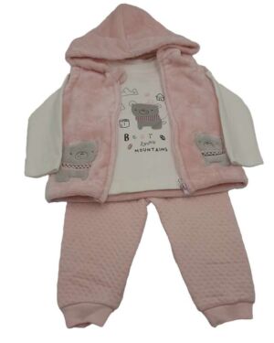 BABY SET OF TROUSERS WITH BLOUSE AND VEST WITH Teddy bear and hood design